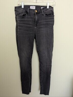 FRAME Le Skinny de Jeanne Cheyenne Jeans Size 29 Charcoal Black Raw Hem
